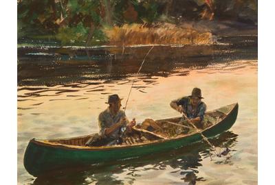 Lot 61: John Whorf,(American, 1903-1959), Salmon Fishing, watercolor 21 1/2 x 28 in., $7,000-10,000