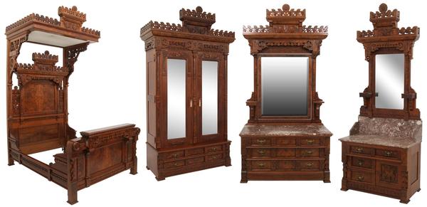 A massive Eastlake four-piece tester bedroom set ($8/12,000) includes a half tester bed, armoire, marble top dresser and commode with mirror, all ornamented with pierced carved crests having a central medallion, stylized birds, lion heads and all-over floral decoration.