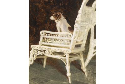 Jamie Wyeth (b.  1946), Yolk and the Wicker Chair, Combined mediums on paper, 28 x 22 ¼ in, 1987.