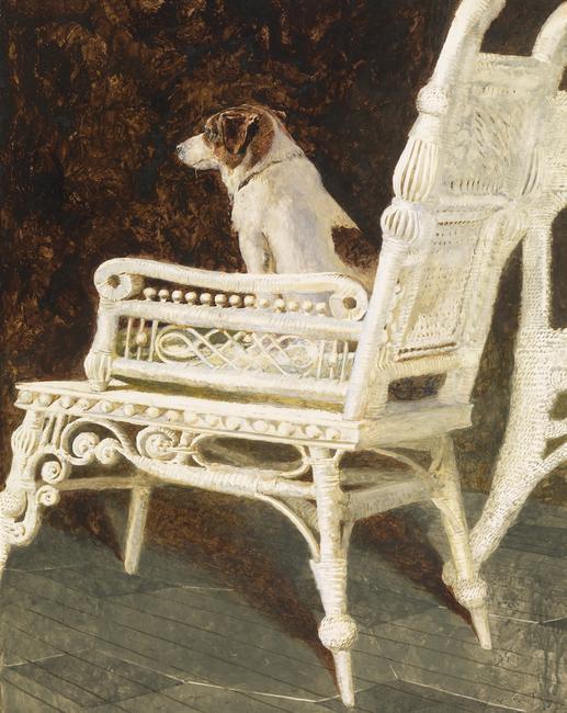 Jamie Wyeth (b.  1946), Yolk and the Wicker Chair, Combined mediums on paper, 28 x 22 ¼ in, 1987.