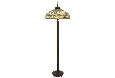 This Tiffany Studios leaded Dogwood floor lamp with a 22 inch-diameter “Holden” shaped shade with eight rows of staggered brick pattern allover mottled dogwood flowers ($50/75,000).  