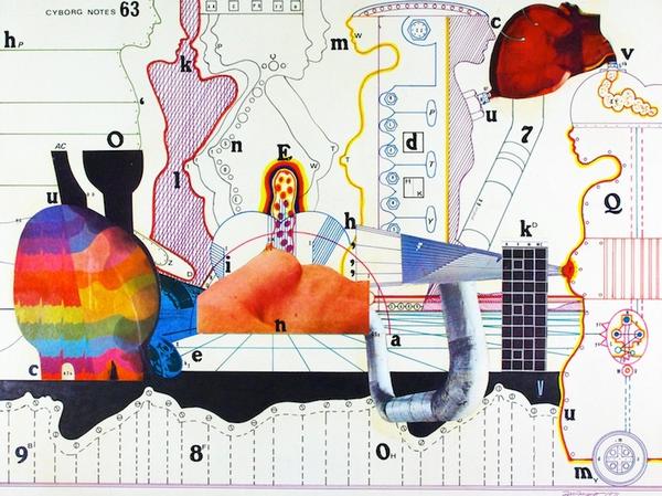 Don ZanFagna, Cyborg Notes 63 (Figures with Rainbow Heart), Mixed Media Collage on Paper, 23.5 x 29.5, 1971