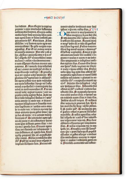 Single leaf from a paper copy of the Gutenberg Bible, Mainz, 1455, in a copy of Newton's A Noble Fragment.  Estimate $40,000 to $60,000.  