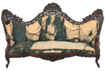 A J.H.  Belter “Fountain Elms” pattern pierced carved laminated rosewood Rococo sofa ($20/30,000) has elaborate carved crests with flowers, fruit, filigree and cornucopias over the serpentine S-scroll framework, 49½ by 88½ by 32 inches.