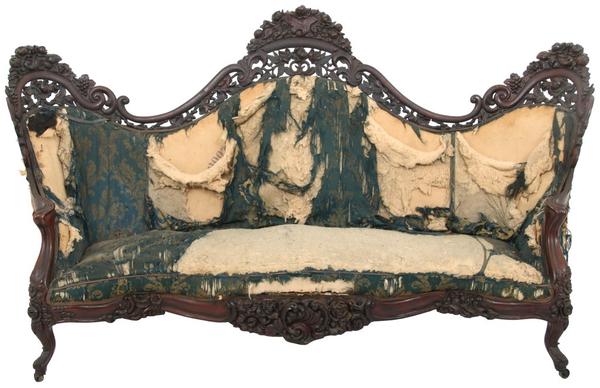 A J.H.  Belter “Fountain Elms” pattern pierced carved laminated rosewood Rococo sofa ($20/30,000) has elaborate carved crests with flowers, fruit, filigree and cornucopias over the serpentine S-scroll framework, 49½ by 88½ by 32 inches.