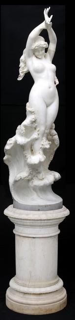 This near life-size white Carrara marble sculpture ($50/75,000) depicts a nude sea nymph rising from the waves, signed “Galli,” 64 inches tall.