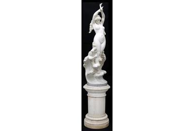 This near life-size white Carrara marble sculpture ($50/75,000) depicts a nude sea nymph rising from the waves, signed “Galli,” 64 inches tall.