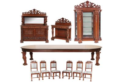 An expected top lot is this R.J.  Horner 10-piece mahogany dining set ($20/30,000) with figural nude maiden bust pilasters, shelf supports and table legs.