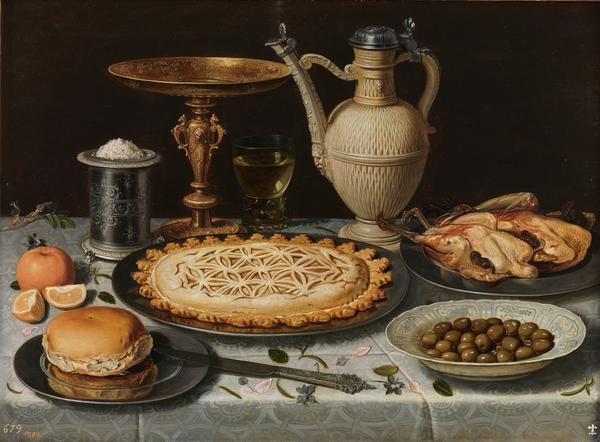 Clara Peeters, Table with Cloth, Salt Cellar, Gilt Standing Cup, Pie, Porcelain Plate with Olives and Cooked Fowl.  