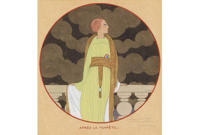 Lot 135: Georges Lepape, Après la Tempête, watercolor, ink, graphite and gold highlighting, cover illustration for Vogue, 1919.  Estimate $25,000 to $35,000.