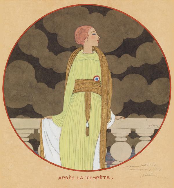 Lot 135: Georges Lepape, Après la Tempête, watercolor, ink, graphite and gold highlighting, cover illustration for Vogue, 1919.  Estimate $25,000 to $35,000.