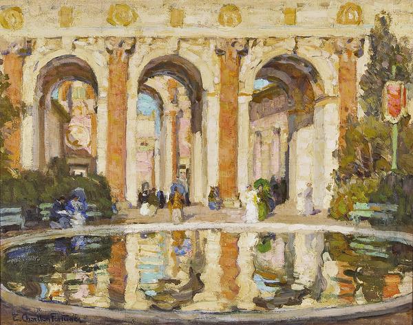 E.  Charlton Fortune (American, 1885–1969), “The Pool (The Court of the Four Seasons),” ca.  1915.  Oil on canvas.  16 1/4 × 20 in.  Private collection