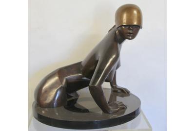 A signed Gerald Laing (British, 1936-2011) Galina series bronze, “An American Girl” ($20/50,000), edition 2/3, dated 1978, measures 25½ by 26 by 31 inches.  