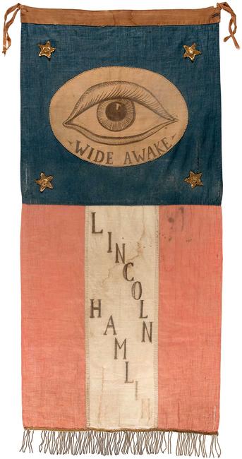 Hand-painted, hand-stitched 1860 Abraham Lincoln and Hannibal Hamlin parade banner used by youthful political activists known as the ‘Wide Awakes.’ Exceedingly rare and well preserved.  Fresh to the market after 30 years in a private collection.  Opening bid: $10,000 