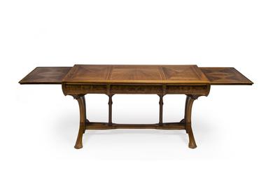 A Lucien Lévy-Dhurmer and Edouard Collet carved and burled walnut parquetry extension desk Designed for the Library of the Auguste Rateau residence