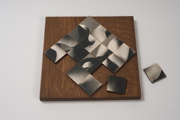 Robert Heinecken.  Multiple Solution Puzzle .  1965.  Sixteen gelatin silver prints on wood, 11 1/4 × 11 1/4 × 1" (28.6 × 28.6 × 2.5 cm) overall.  Col lection Maja Hoffmann, Zurich.  © 2013 The Robert Heinecken Trust 