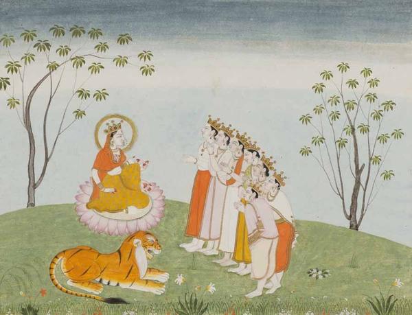 The Gods Appeal to the Great Devi for Help, Folio from a Devimahatmya series with Sanskrit text in Devanagari script on reverse, India, Himachal Pradesh, Kangra, early 19th century.  Color and gold on paper.  Lent by Narendra and Rita Parson.  