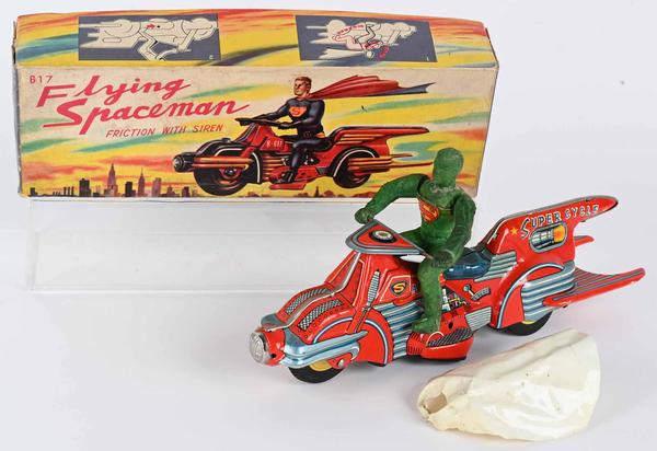 Bandai (Japan) friction-powered ‘Flying Spaceman’ on ‘Super Cycle’ with original caped, green rubber “Superman” figure.  Accompanied by colorfully illustrated box lid.  The top lot of the sale, it sold for $55,200 against an estimate of $15,000-$25,000.