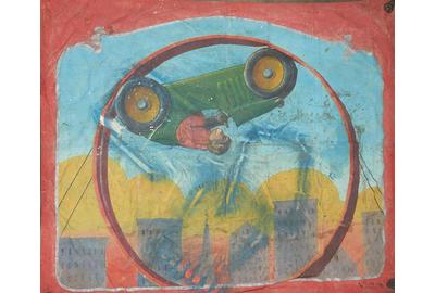 This vintage Nieman Eisman sideshow or circus banner (est $1/1,500), Twentieth Century, American, depicts a monkey driving a racecar inside a wheel, stenciled lower right "Nieman Studios," 92 by 115 inches.  Eisman was a renowned banner painter in the Chicago style of sideshow banner painting, actively painting banners from the 1920s to the mid-1950s.