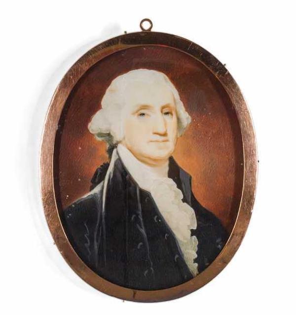 The Meredith-Moreau-Pratt portrait miniature of President George Washington, painted in 1801 as a watercolor and executed by Robert Field (est.  $60,000-$80,000).