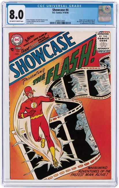 ‘Showcase’ #4, Sept./Oct.  1956, CGC-graded 8.0 VF, featured origin and first appearance of the Silver Age Flash (Barry Allen).  Estimate $75,000-$100,000