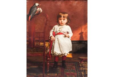 Seymour Joseph Guy (1824-1910), Little Girl in White Dress with Parrot, oil on canvas, 40 by 35 1/2 inches, Estimate: $40,000-$60,000