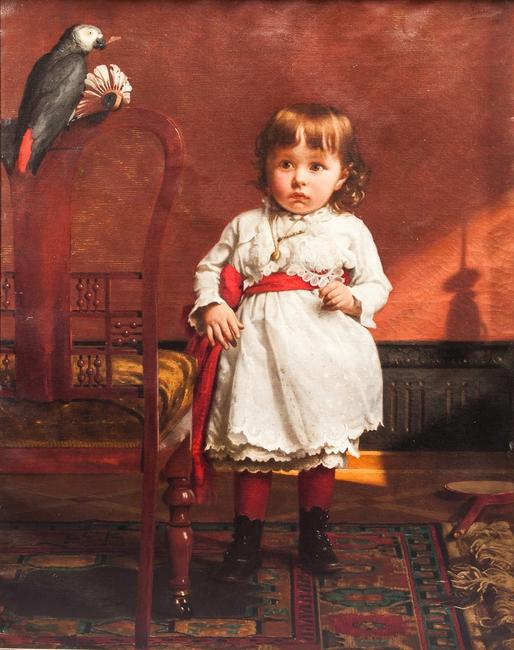 Seymour Joseph Guy (1824-1910), Little Girl in White Dress with Parrot, oil on canvas, 40 by 35 1/2 inches, Estimate: $40,000-$60,000