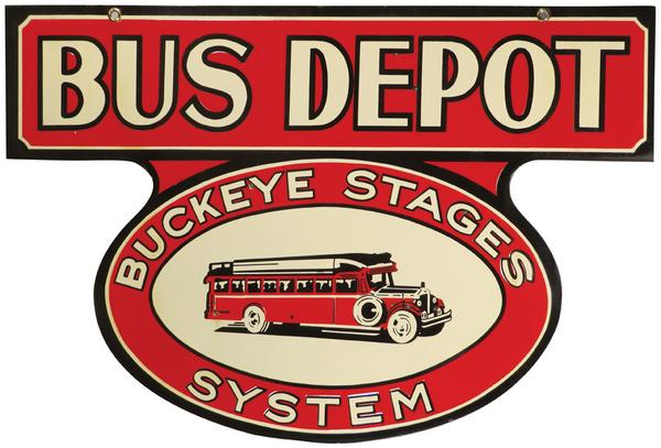 This rare Buckeye Stages System deep shelved porcelain bus depot sign, 30 inches by 20 inches, with great color and graphics, left the station for $52,200.