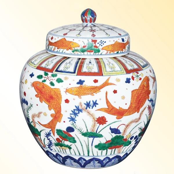 Ming fish jar with wucai tableau.  Jiajing six-character mark.  Gianguan Auctions Lot 97.  Pre-sale estimate: $3M.