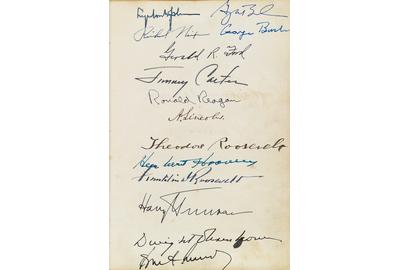 Album with more than 130 Civil War-era signatures, including Abraham Lincoln and his cabinet, and signed by 18 Presidents, 1864-2010.  At auction November 1, 2016.  Estimate $60,000 to $90,000.