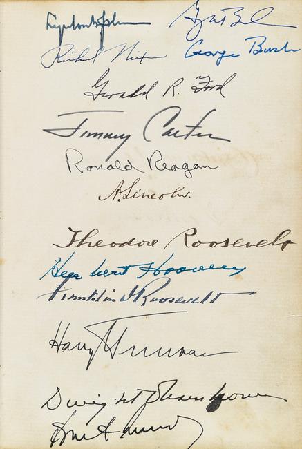 Album with more than 130 Civil War-era signatures, including Abraham Lincoln and his cabinet, and signed by 18 Presidents, 1864-2010.  At auction November 1, 2016.  Estimate $60,000 to $90,000.