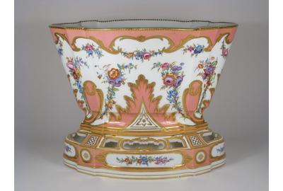 Exhibitor: Adrian Sassoon A Soft-Paste Sèvres Porcelain Vase Hollandois, 1757-60 With the rare pink ground and flowers painted by Vincent Taillandier.  From the collection of Baron Alphonse de Rothschild, Paris.