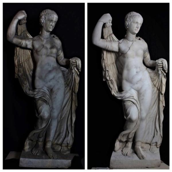 Aphrodite, (first century A.D.).  White marble.  Before (left) and after (right) restoration.  Photo courtesy of Friends of Florence.