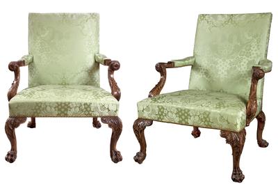 Pair of George II Walnut Library Armchairs, Circa 1755.  Est.  $250,000-350,000