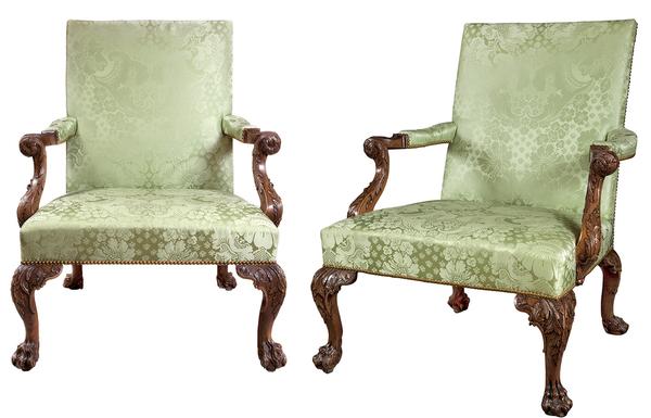 Pair of George II Walnut Library Armchairs, Circa 1755.  Est.  $250,000-350,000