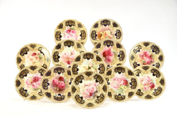  Set of 12 Royal Doulton Hand Painted Dinner/Cabinet Plates, Artist Signed Curnock with raised paste gold, ca.  1910