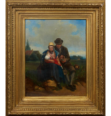 Oil on canvas board painting by Adolf Dillens (Belgian, 1821-1877), titled Family, signed lower right and measuring 21 ½ inches by 16 ¾ inches (est.  $1,500-$2,500).