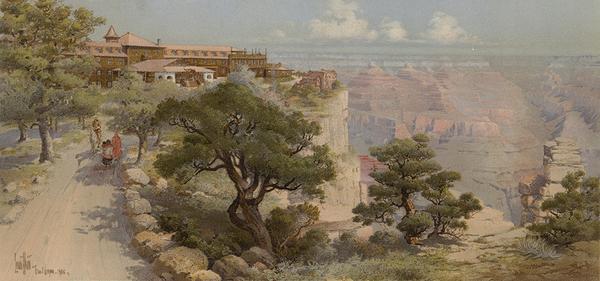 Louis Akin, "Grand Canyon, El Tovar Scene," 1906, chromolithograph; On loan from The A.P.  Hays Collection.