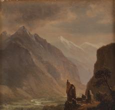 Oil on panel landscape painting by Albert Bierstadt (German-American, 1830-1901), titled Valley of Meringen (sic), Switzerland (1858), inscribed with location and artist’s name ($8,750).