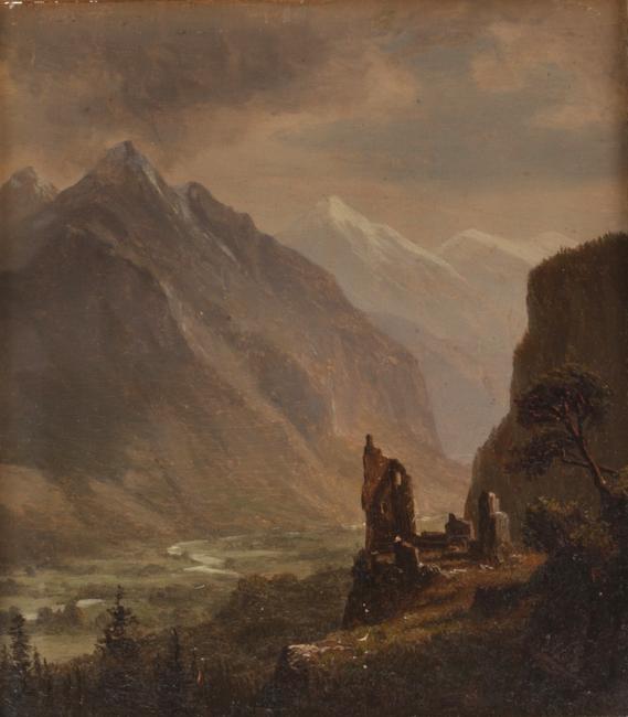 Oil on panel landscape painting by Albert Bierstadt (German-American, 1830-1901), titled Valley of Meringen (sic), Switzerland (1858), inscribed with location and artist’s name ($8,750).