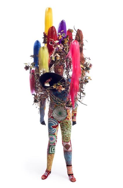 Nick Cave.  Soundsuit, 2015.  Mixed media, including synthetic hair, ceramic birds, strung beads, wire, metal, and mannequin, 108 x 43 x 40 in.  Courtesy of the artist and Jack Shainman Gallery, New York.  © Nick Cave.  Photo: James Prinz Photography 