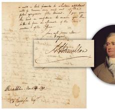 Newly discovered handwritten and signed letter by Alexander Hamilton, apparently unpublished, dated March 20, 1791 and boldly signed with a flourish, “A Hamilton” (est.  $30,000-$35,000).