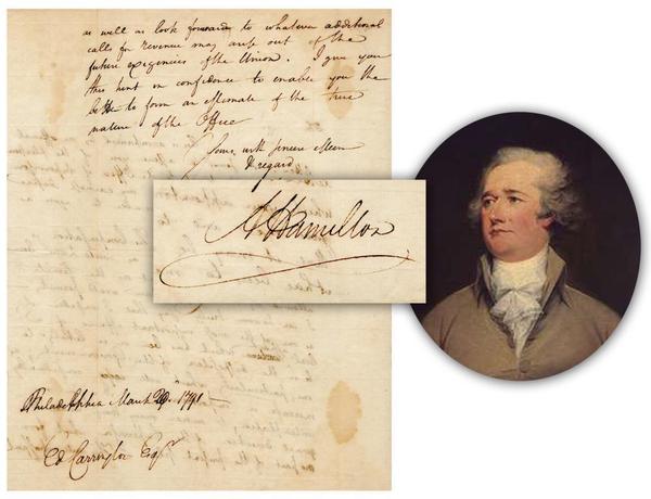 Newly discovered handwritten and signed letter by Alexander Hamilton, apparently unpublished, dated March 20, 1791 and boldly signed with a flourish, “A Hamilton” (est.  $30,000-$35,000).