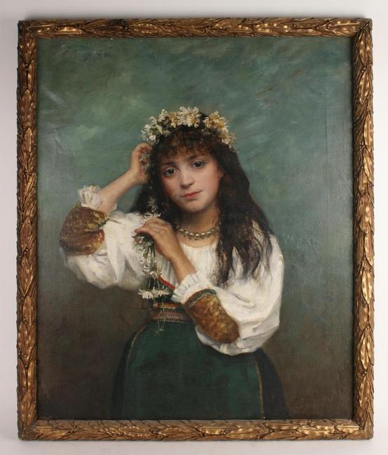 Oil on canvas portrait by Alexei Harlamoff (Russian, 1840-1925), depicting a young girl wearing traditional ethnic dress, her soulful eyes staring directly at the viewer (est.  $6,000-$9,000).