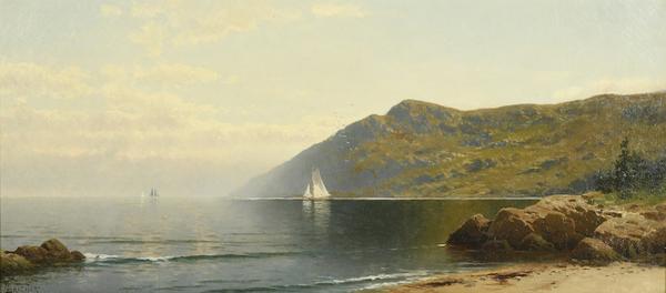 Oil on canvas coastal seascape by Alfred T.  Bricher (American, 1837-1908), titled Coastline, depicts a sailboat along a coastline, 14 ½ inches by 32 ½ inches (sight) (est.  $30,000-$50,000).