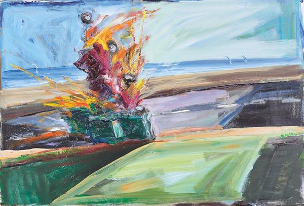 Carlos Almaraz, Untitled (Car Crash), 1987, Oil on paperboard, 33.5 x 48.25 inches, Museum Purchase with Charter Member Endowment.  Collection of the Nora Eccles Harrison Museum of Art, Utah State University 