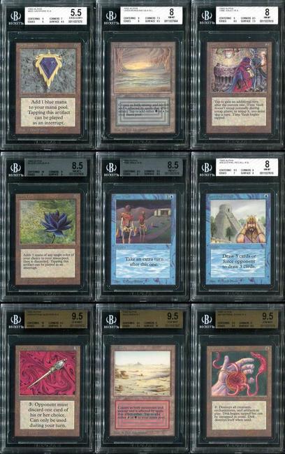 Early Magic: The Gathering cards from 1993, the complete Alpha set, with many BGS-graded examples, sold as one lot ($423,750).