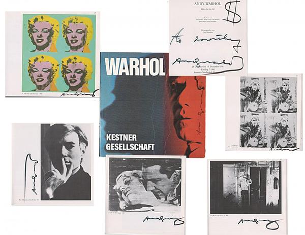 Copy of the 1981 soft-cover exhibition catalog titled Warhol, boldly signed seven times by Andy Warhol himself, plus a drawing by the artist (est.  $5,000-$6,000).  