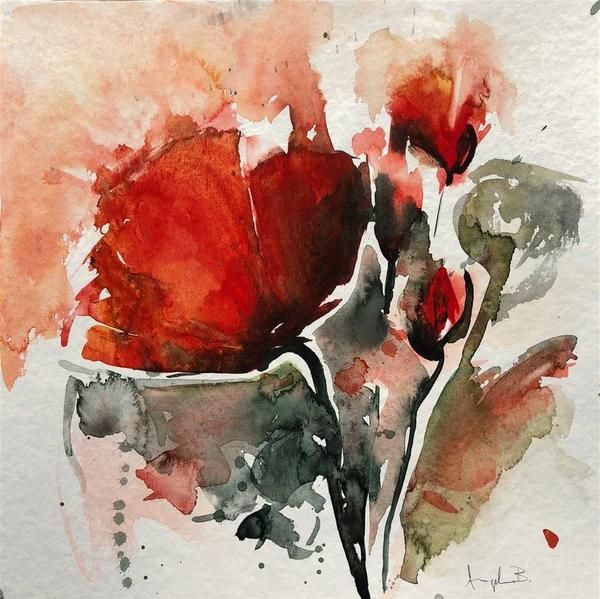 Angela Blattner, Poppy Flowers 3, Watercolor on Paper, 12'' x 12''