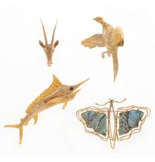 Four whimsical 14K gold animal form pins: a marlin (3 inches long), a butterfly, a pheasant and an antelope will be sold as one lot (est.  $700-$900).  